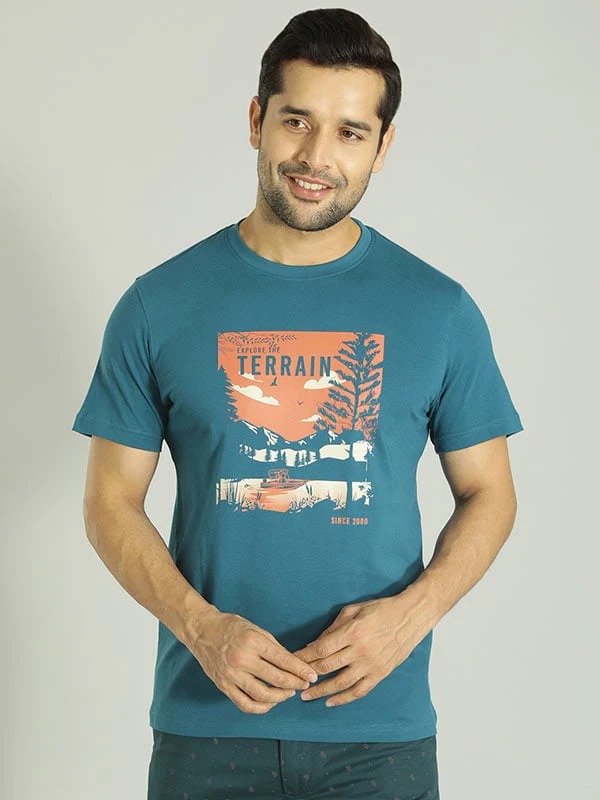 Indian Terrain Men's Half Sleeve Regular Fit Blue Round Neck T-Shirt